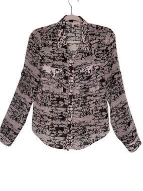 RACHEL Rachel Roy Sheer Script Graffiti Button Up Blouse Brown Ivory Sz 10